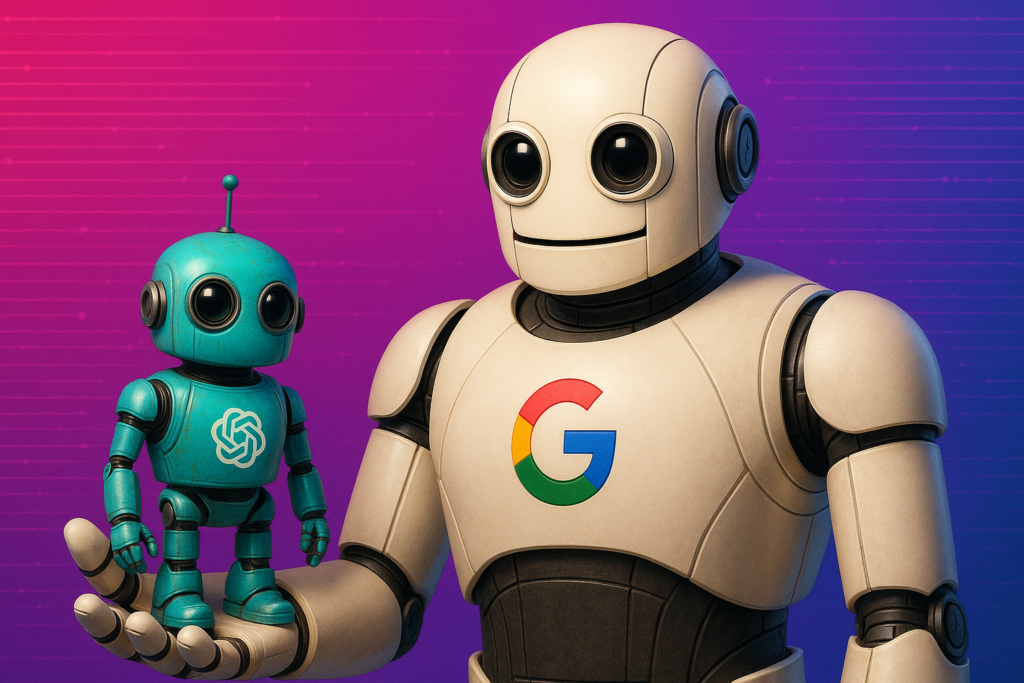 Ki-generiertes Bild eines großen Roboters, der Google repräsentiert und einen kleinen ChatGPT-Roboter in der Hand hält